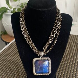 Chico's Multi-Tone Blue Square Pendant Necklace with Antique Silver Chains